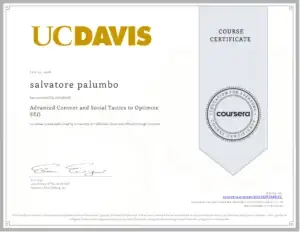 Certificato Coursera Advanced Content Social Tactics Optimize SEO 2026 completato da Salvatore Palumbo