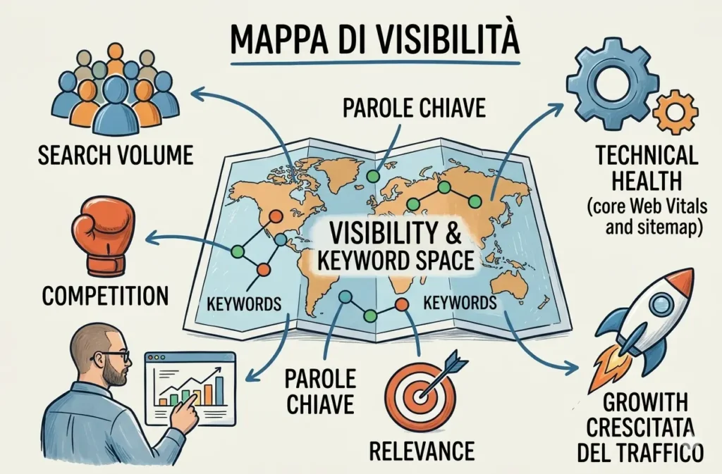 Mappa di visibilità SEO con parole chiave, search volume, competizione, technical health e crescita del traffico